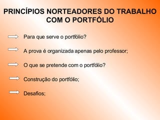 PRINCÍPIOS NORTEADORES DO TRABALHO COM O PORTFÓLIO Para que serve o portfólio? A prova é organizada apenas pelo professor; O que se pretende com o portfólio? Construção do portfólio; Desafios; 