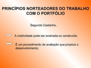 Segundo Castanho, A criatividade pode ser ensinada ou construída; É um procedimento de avaliação que propicia o   desenvolvimento; PRINCÍPIOS NORTEADORES DO TRABALHO COM O PORTFÓLIO 