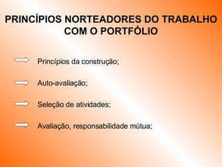Princípios da construção; Auto-avaliação; Seleção de atividades; Avaliação, responsabilidade mútua; PRINCÍPIOS NORTEADORES DO TRABALHO COM O PORTFÓLIO 