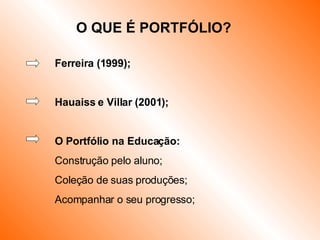 Ferreira (1999); Hauaiss e Villar (2001); O Portfólio na Educação: Construção pelo aluno; Coleção de suas produções; Acompanhar o seu progresso; O QUE É PORTFÓLIO? 