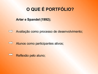 Arter e Spandel (1992); Avaliação como processo de desenvolvimento; Alunos como participantes ativos; Reflexão pelo aluno; O QUE É PORTFÓLIO? 