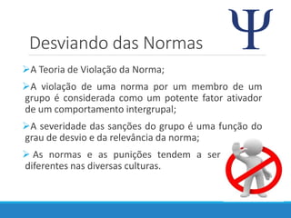 Desviando das Normas
A Teoria de Violação da Norma;
A violação de uma norma por um membro de um
grupo é considerada como um potente fator ativador
de um comportamento intergrupal;
A severidade das sanções do grupo é uma função do
grau de desvio e da relevância da norma;
 As normas e as punições tendem a ser a ser
diferentes nas diversas culturas.
 