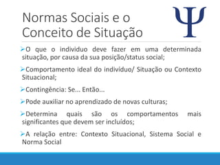 Normas Sociais e o
Conceito de Situação
O que o individuo deve fazer em uma determinada
situação, por causa da sua posição/status social;
Comportamento ideal do indivíduo/ Situação ou Contexto
Situacional;
Contingência: Se... Então...
Pode auxiliar no aprendizado de novas culturas;
Determina quais são os comportamentos mais
significantes que devem ser incluídos;
A relação entre: Contexto Situacional, Sistema Social e
Norma Social
 