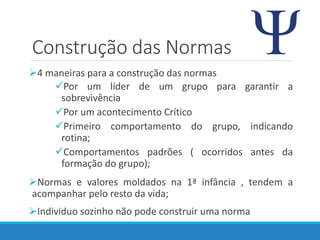 Construção das Normas
4 maneiras para a construção das normas
Por um líder de um grupo para garantir a
sobrevivência
Por um acontecimento Crítico
Primeiro comportamento do grupo, indicando
rotina;
Comportamentos padrões ( ocorridos antes da
formação do grupo);
Normas e valores moldados na 1ª infância , tendem a
acompanhar pelo resto da vida;
Individuo sozinho não pode construir uma norma
 