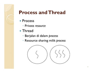 Process and Thread
 Process
 ◦ Private resource
 Thread
 ◦ Berjalan di dalam process
 ◦ Resource sharing milik process




                                    4
 