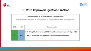 110
HF With Improved Ejection Fraction
Recommendation for HF With Improved Ejection Fraction
Referenced studies that support the recommendation are summarized in the Online Data Supplements.
COR LOE Recommendation
1 B-R
1. In HFimpEF after treatment, GDMT should be continued to prevent relapse of HF
and LV dysfunction, even in patients who may become asymptomatic.
 