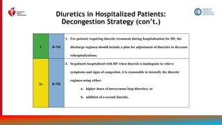 143
Diuretics in Hospitalized Patients:
Decongestion Strategy (con’t.)
1 B-NR
3. For patients requiring diuretic treatment during hospitalization for HF, the
discharge regimen should include a plan for adjustment of diuretics to decrease
rehospitalizations.
2a B-NR
4. In patients hospitalized with HF when diuresis is inadequate to relieve
symptoms and signs of congestion, it is reasonable to intensify the diuretic
regimen using either:
a. higher doses of intravenous loop diuretics; or
b. addition of a second diuretic.
 