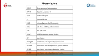 208
Abbreviations
DOAC direct-acting oral anticoagulants
DPP-4 dipeptidyl peptidase-4
ECG electrocardiogram
EF ejection fraction
eGFR estimated glomerular filtration rate
FDA U.S. Food and Drug Administration
FLC free light chain
GDMT guideline-directed medical therapy
HF heart failure
HFimpEF heart failure with improved ejection fraction
HFmrEF heart failure with mildly reduced ejection fraction
HFpEF heart failure with preserved ejection fraction
HFrEF heart failure with reduced ejection fraction
 