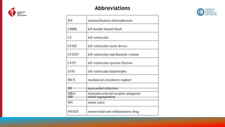 209
Abbreviations
IFE immunofixation electrophoresis
LBBB left bundle branch block
LV left ventricular
LVAD left ventricular assist device
LVEDV left ventricular end-diastolic volume
LVEF left ventricular ejection fraction
LVH left ventricular hypertrophy
MCS mechanical circulatory support
MI myocardial infarction
MR mitral regurgitation
MRA mineralocorticoid receptor antagonist
MV mitral valve
NSAID nonsteroidal anti-inflammatory drug
 