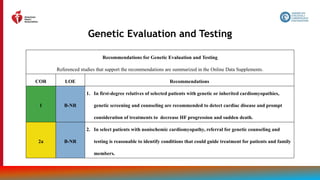34
Genetic Evaluation and Testing
Recommendations for Genetic Evaluation and Testing
Referenced studies that support the recommendations are summarized in the Online Data Supplements.
COR LOE Recommendations
1 B-NR
1. In first-degree relatives of selected patients with genetic or inherited cardiomyopathies,
genetic screening and counseling are recommended to detect cardiac disease and prompt
consideration of treatments to decrease HF progression and sudden death.
2a B-NR
2. In select patients with nonischemic cardiomyopathy, referral for genetic counseling and
testing is reasonable to identify conditions that could guide treatment for patients and family
members.
 