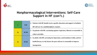 59
Nonpharmacological Interventions: Self-Care
Support in HF (con’t.)
1 B-R
2. Patients with HF should receive specific education and support to facilitate
HF self-care in a multidisciplinary manner.
2a B-NR
3. In patients with HF, vaccinating against respiratory illnesses is reasonable to
reduce mortality.
2a B-NR
4. In adults with HF, screening for depression, social isolation, frailty, and low
health literacy as risk factors for poor self-care is reasonable to improve
management.
 