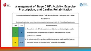 67
Management of Stage C HF: Activity, Exercise
Prescription, and Cardiac Rehabilitation
Recommendations for Management of Stage C HF: Activity, Exercise Prescription, and Cardiac
Rehabilitation
Referenced studies that support the recommendations are summarized in the Online Data Supplements.
COR LOE Recommendations
1 A
1. For patients with HF who are able to participate, exercise training (or regular
physical activity) is recommended to improve functional status, exercise
performance, and QOL.
2a B-NR
2. In patients with HF, a cardiac rehabilitation program can be useful to improve
functional capacity, exercise tolerance, and health-related QOL.
 