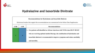 77
Hydralazine and Isosorbide Dinitrate
Recommendations for Hydralazine and Isosorbide Dinitrate
Referenced studies that support the recommendations are summarized in the Online Data Supplements.
COR LOE Recommendations
1 A
1. For patients self-identified as African American with NYHA class III-IV HFrEF
who are receiving optimal medical therapy, the combination of hydralazine and
isosorbide dinitrate is recommended to improve symptoms and reduce morbidity
and mortality.
 