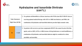 78
Hydralazine and Isosorbide Dinitrate
(con’t.)
Value Statement:
High Value (B-NR)
2. For patients self-identified as African American with NYHA class III-IV HFrEF who are
receiving optimal medical therapy with ACEi or ARB, beta blockers, and MRA, the
combination of hydralazine and isosorbide dinitrate provides high economic value.
2b C-LD
3. In patients with current or previous symptomatic HFrEF who cannot be given first-line
agents, such as ARNi, ACEi, or ARB, because of drug intolerance or renal insufficiency, a
combination of hydralazine and isosorbide dinitrate might be considered to reduce
morbidity and mortality.
 