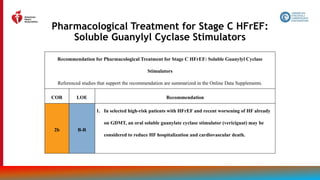 95
Pharmacological Treatment for Stage C HFrEF:
Soluble Guanylyl Cyclase Stimulators
Recommendation for Pharmacological Treatment for Stage C HFrEF: Soluble Guanylyl Cyclase
Stimulators
Referenced studies that support the recommendation are summarized in the Online Data Supplements.
COR LOE Recommendation
2b B-R
1. In selected high-risk patients with HFrEF and recent worsening of HF already
on GDMT, an oral soluble guanylate cyclase stimulator (vericiguat) may be
considered to reduce HF hospitalization and cardiovascular death.
 