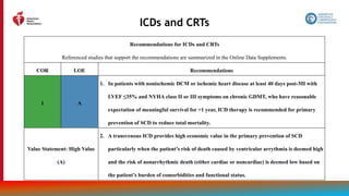 97
ICDs and CRTs
Recommendations for ICDs and CRTs
Referenced studies that support the recommendations are summarized in the Online Data Supplements.
COR LOE Recommendations
1 A
1. In patients with nonischemic DCM or ischemic heart disease at least 40 days post-MI with
LVEF ≤35% and NYHA class II or III symptoms on chronic GDMT, who have reasonable
expectation of meaningful survival for >1 year, ICD therapy is recommended for primary
prevention of SCD to reduce total mortality.
Value Statement: High Value
(A)
2. A transvenous ICD provides high economic value in the primary prevention of SCD
particularly when the patient’s risk of death caused by ventricular arrythmia is deemed high
and the risk of nonarrhythmic death (either cardiac or noncardiac) is deemed low based on
the patient’s burden of comorbidities and functional status.
 
