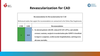 104
Revascularization for CAD
Recommendation for Revascularization for CAD
Referenced studies that support the recommendation are summarized in the Online Data Supplements.
COR LOE Recommendation
1 B-R
1. In selected patients with HF, reduced EF (EF ≤35%), and suitable
coronary anatomy, surgical revascularization plus GDMT is beneficial
to improve symptoms, cardiovascular hospitalizations, and long-term
all-cause mortality.
 