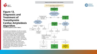 116
Figure 13.
Diagnostic and
Treatment of
Transthyretin
Cardiac Amyloidosis
Algorithm
Colors correspond to COR in Table 2.
AF indicates atrial fibrillation; AL-CM, AL amyloid
cardiomyopathy; ATTR-CM, transthyretin amyloid
cardiomyopathy; ATTRv, variant transthyretin
amyloidosis; ATTRwt, wild-type transthyretin
amyloidosis; CHA2DS2-VASc, congestive heart
failure, hypertension, age 75 years, diabetes
≥
mellitus, stroke or transient ischemic attack (TIA),
vascular disease, age 65 to 74 years, sex category;
ECG, electrocardiogram; H/CL, heart to
contralateral chest; HFrEF, heart failure with
reduced ejection fraction; IFE, immunofixation
electrophoresis; MRI, magnetic resonance
imaging; NYHA, New York Heart Association; PYP,
pyrophosphate; Tc, technetium; and TTR,
transthyretin.
 
