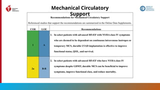 135
Mechanical Circulatory
Support
Recommendations for Mechanical Circulatory Support
Referenced studies that support the recommendations are summarized in the Online Data Supplements.
COR LOE Recommendations
1 A
1. In select patients with advanced HFrEF with NYHA class IV symptoms
who are deemed to be dependent on continuous intravenous inotropes or
temporary MCS, durable LVAD implantation is effective to improve
functional status, QOL, and survival.
2a B-R
2. In select patients with advanced HFrEF who have NYHA class IV
symptoms despite GDMT, durable MCS can be beneficial to improve
symptoms, improve functional class, and reduce mortality.
 