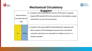 136
Mechanical Circulatory
Support
Value Statement:
Uncertain Value (B-
NR)
3. In patients with advanced HFrEF who have NYHA class IV symptoms
despite GDMT, durable MCS devices provide low to intermediate economic
value based on current costs and outcomes.
2a B-NR
4. In patients with advanced HFrEF and hemodynamic compromise and
shock, temporary MCS, including percutaneous and extracorporeal
ventricular assist devices, are reasonable as a “bridge to recovery” or
“bridge to decision”.
 