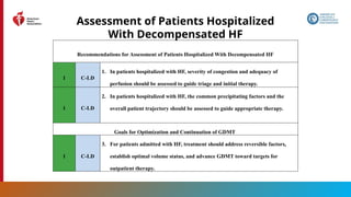 139
Assessment of Patients Hospitalized
With Decompensated HF
Recommendations for Assessment of Patients Hospitalized With Decompensated HF
1 C-LD
1. In patients hospitalized with HF, severity of congestion and adequacy of
perfusion should be assessed to guide triage and initial therapy.
1 C-LD
2. In patients hospitalized with HF, the common precipitating factors and the
overall patient trajectory should be assessed to guide appropriate therapy.
Goals for Optimization and Continuation of GDMT
1 C-LD
3. For patients admitted with HF, treatment should address reversible factors,
establish optimal volume status, and advance GDMT toward targets for
outpatient therapy.
 