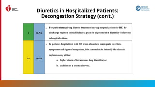 143
Diuretics in Hospitalized Patients:
Decongestion Strategy (con’t.)
1 B-NR
3. For patients requiring diuretic treatment during hospitalization for HF, the
discharge regimen should include a plan for adjustment of diuretics to decrease
rehospitalizations.
2a B-NR
4. In patients hospitalized with HF when diuresis is inadequate to relieve
symptoms and signs of congestion, it is reasonable to intensify the diuretic
regimen using either:
a. higher doses of intravenous loop diuretics; or
b. addition of a second diuretic.
 