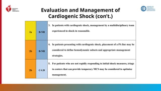 147
Evaluation and Management of
Cardiogenic Shock (con’t.)
2a B-NR
3. In patients with cardiogenic shock, management by a multidisciplinary team
experienced in shock in reasonable.
2b B-NR
4. In patients presenting with cardiogenic shock, placement of a PA line may be
considered to define hemodynamic subsets and appropriate management
strategies.
2b C-LD
5. For patients who are not rapidly responding to initial shock measures, triage
to centers that can provide temporary MCS may be considered to optimize
management.
 