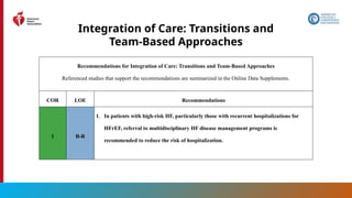 154
Integration of Care: Transitions and
Team-Based Approaches
Recommendations for Integration of Care: Transitions and Team-Based Approaches
Referenced studies that support the recommendations are summarized in the Online Data Supplements.
COR LOE Recommendations
1 B-R
1. In patients with high-risk HF, particularly those with recurrent hospitalizations for
HFrEF, referral to multidisciplinary HF disease management programs is
recommended to reduce the risk of hospitalization.
 