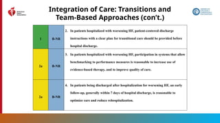 155
1 B-NR
2. In patients hospitalized with worsening HF, patient-centered discharge
instructions with a clear plan for transitional care should be provided before
hospital discharge.
2a B-NR
3. In patients hospitalized with worsening HF, participation in systems that allow
benchmarking to performance measures is reasonable to increase use of
evidence-based therapy, and to improve quality of care.
2a B-NR
4. In patients being discharged after hospitalization for worsening HF, an early
follow-up, generally within 7 days of hospital discharge, is reasonable to
optimize care and reduce rehospitalization.
Integration of Care: Transitions and
Team-Based Approaches (con’t.)
 