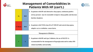 160
Management of Comorbidities in
Patients With HF (con’t.)
2a B-R
5. In patients with HF and obstructive sleep apnea, continuous positive
airway pressure may be reasonable to improve sleep quality and decrease
daytime sleepiness.
3: Harm B-R
6. In patients with NYHA class II to IV HFrEF and central sleep apnea,
adaptive servo-ventilation causes harm.
Management of Diabetes
1 A
7. In patients with HF and type 2 diabetes, the use of SGLT2i is
recommended for the management of hyperglycemia and to reduce HF-
related morbidity and mortality.
 