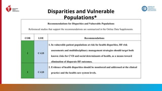 167
Disparities and Vulnerable
Populations*
Recommendations for Disparities and Vulnerable Populations
Referenced studies that support the recommendations are summarized in the Online Data Supplements.
COR LOE Recommendations
1 C-LD
1. In vulnerable patient populations at risk for health disparities, HF risk
assessments and multidisciplinary management strategies should target both
known risks for CVD and social determinants of health, as a means toward
elimination of disparate HF outcomes.
1 C-LD
2. Evidence of health disparities should be monitored and addressed at the clinical
practice and the health care system levels.
 