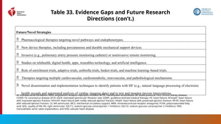 205
Table 33. Evidence Gaps and Future Research
Directions (con’t.)
Future/Novel Strategies
 Pharmacological therapies targeting novel pathways and endophenotypes.
 New device therapies, including percutaneous and durable mechanical support devices.
 Invasive (e.g., pulmonary artery pressure monitoring catheter) or noninvasive remote monitoring.
 Studies on telehealth, digital health, apps, wearables technology, and artificial intelligence.
 Role of enrichment trials, adaptive trials, umbrella trials, basket trials, and machine learning–based trials.
 Therapies targeting multiple cardiovascular, cardiometabolic, renovascular, and pathobiological mechanisms.
 Novel dissemination and implementation techniques to identify patients with HF (e.g., natural language processing of electronic
health records and automated analysis of cardiac imaging data) and to test and monitor proven interventions.
AF indicates atrial fibrillation; ARNi, angiotensin receptor-neprilysin inhibitor; ATTR, transthyretin amyloidosis; BP, blood pressure; CKD, chronic kidney disease;
COVID-19, coronavirus disease 2019; eGFR, estimated glomerular filtration rate; GDMT, guideline-directed medical therapy; HF, heart failure; HFimpEF, heart failure
with improved ejection fraction; HFmrEF, heart failure with mildly reduced ejection fraction; HFpEF, heart failure with preserved ejection fraction; HFrEF, heart failure
with reduced ejection fraction; LV, left ventricular; MCS, mechanical circulatory support; MRA, mineralocorticoid receptor antagonist; PUFA, polyunsaturated fatty
acid; QOL, quality of life; RV, right ventricular; SGLT1i, sodium-glucose cotransporter-1 inhibitors; SGLT2i, sodium-glucose cotransporter-2 inhibitors; TAVI,
transcatheter aortic valve implantation; and VHD, valvular heart disease.
 