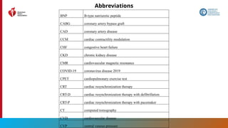 207
Abbreviations
BNP B-type natriuretic peptide
CABG coronary artery bypass graft
CAD coronary artery disease
CCM cardiac contractility modulation
CHF congestive heart failure
CKD chronic kidney disease
CMR cardiovascular magnetic resonance
COVID-19 coronavirus disease 2019
CPET cardiopulmonary exercise test
CRT cardiac resynchronization therapy
CRT-D cardiac resynchronization therapy with defibrillation
CRT-P cardiac resynchronization therapy with pacemaker
CT computed tomography
CVD cardiovascular disease
CVP central venous pressure
 