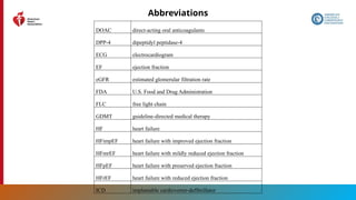 208
Abbreviations
DOAC direct-acting oral anticoagulants
DPP-4 dipeptidyl peptidase-4
ECG electrocardiogram
EF ejection fraction
eGFR estimated glomerular filtration rate
FDA U.S. Food and Drug Administration
FLC free light chain
GDMT guideline-directed medical therapy
HF heart failure
HFimpEF heart failure with improved ejection fraction
HFmrEF heart failure with mildly reduced ejection fraction
HFpEF heart failure with preserved ejection fraction
HFrEF heart failure with reduced ejection fraction
ICD implantable cardioverter-defibrillator
 