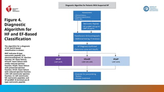 24
Figure 4.
Diagnostic
Algorithm for
HF and EF-Based
Classification
The algorithm for a diagnosis
of HF and EF-based
classification is shown.
BNP indicates B-type
natriuretic peptide; ECG,
electrocardiogram; EF, ejection
fraction; HF, heart failure;
HFmrEF, heart failure with
mildly reduced ejection
fraction; HFpEF, heart failure
with preserved ejection
fraction; HFrEF, heart failure
with reduced ejection fraction;
LVEF, left ventricular ejection
fraction; LV, left ventricular;
NP, natriuretic peptides; and
NT-proBNP, N-terminal pro-B
type natriuretic peptide.
 