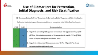 30
Use of Biomarkers for Prevention,
Initial Diagnosis, and Risk Stratification
4.2. Recommendations for Use of Biomarkers for Prevention, Initial Diagnosis, and Risk Stratification
Referenced studies that support the recommendations are summarized in the Online Data Supplements.
COR LOE Recommendations
1 A
1. In patients presenting with dyspnea, measurement of B-type natriuretic peptide
(BNP) or N-terminal prohormone of B-type natriuretic peptide (NT-proBNP) is
useful to support a diagnosis or exclusion of HF.
1 A
2. In patients with chronic HF, measurements of BNP or NT-proBNP levels are
recommended for risk stratification.
 