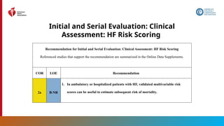 44
Initial and Serial Evaluation: Clinical
Assessment: HF Risk Scoring
Recommendation for Initial and Serial Evaluation: Clinical Assessment: HF Risk Scoring
Referenced studies that support the recommendation are summarized in the Online Data Supplements.
COR LOE Recommendation
2a B-NR
1. In ambulatory or hospitalized patients with HF, validated multivariable risk
scores can be useful to estimate subsequent risk of mortality.
 