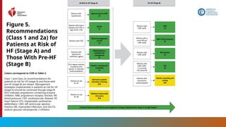 50
Figure 5.
Recommendations
(Class 1 and 2a) for
Patients at Risk of
HF (Stage A) and
Those With Pre-HF
(Stage B)
Colors correspond to COR in Table 2.
Class 1 and Class 2a recommendations for
patients at risk for HF (stage A) and those with
pre-HF (stage B) are shown. Management
strategies implemented in patients at risk for HF
(stage A) should be continued though stage B.
ACEi indicates angiotensin-converting enzyme
inhibitor; ARB, angiotensin receptor blocker; BP,
blood pressure; CVD, cardiovascular disease; HF,
heart failure; ICD, implantable cardioverter-
deﬁbrillator; LVEF, left ventricular ejection
fraction; MI, myocardial infarction; and SGLT2i,
sodium glucose cotransporter 2 inhibitor.
 