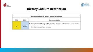 66
Dietary Sodium Restriction
Recommendation for Dietary Sodium Restriction
COR LOE Recommendation
2a C-LD
1. For patients with stage C HF, avoiding excessive sodium intake is reasonable
to reduce congestive symptoms.
 