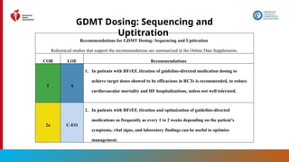 86
GDMT Dosing: Sequencing and
Uptitration
Recommendations for GDMT Dosing: Sequencing and Uptitration
Referenced studies that support the recommendations are summarized in the Online Data Supplements.
COR LOE Recommendations
1 A
1. In patients with HFrEF, titration of guideline-directed medication dosing to
achieve target doses showed to be efficacious in RCTs is recommended, to reduce
cardiovascular mortality and HF hospitalizations, unless not well tolerated.
2a C-EO
2. In patients with HFrEF, titration and optimization of guideline-directed
medications as frequently as every 1 to 2 weeks depending on the patient’s
symptoms, vital signs, and laboratory findings can be useful to optimize
management.
 