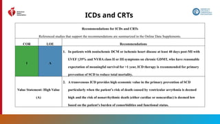 97
ICDs and CRTs
Recommendations for ICDs and CRTs
Referenced studies that support the recommendations are summarized in the Online Data Supplements.
COR LOE Recommendations
1 A
1. In patients with nonischemic DCM or ischemic heart disease at least 40 days post-MI with
LVEF ≤35% and NYHA class II or III symptoms on chronic GDMT, who have reasonable
expectation of meaningful survival for >1 year, ICD therapy is recommended for primary
prevention of SCD to reduce total mortality.
Value Statement: High Value
(A)
2. A transvenous ICD provides high economic value in the primary prevention of SCD
particularly when the patient’s risk of death caused by ventricular arrythmia is deemed
high and the risk of nonarrhythmic death (either cardiac or noncardiac) is deemed low
based on the patient’s burden of comorbidities and functional status.
 