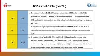 99
ICDs and CRTs (con’t.)
2a B-R
6. For patients who have LVEF ≤35%, sinus rhythm, a non-LBBB pattern with a QRS
duration ≥150 ms, and NYHA class II, III, or ambulatory class IV symptoms on GDMT,
CRT can be useful to reduce total mortality, reduce hospitalizations, and improve symptoms
and QOL.
2a B-R
7. In patients with high-degree or complete heart block and LVEF of 36% to 50%, CRT is
reasonable to reduce total mortality, reduce hospitalizations, and improve symptoms and
QOL.
2a B-NR
8. In patients with AF and LVEF ≤35% on GDMT, CRT can be useful to reduce total
mortality, improve symptoms and QOL, and increase LVEF, if: a) the patient requires
ventricular pacing or otherwise meets CRT criteria and b) atrioventricular nodal ablation or
pharmacological rate control will allow near 100% ventricular pacing with CRT.
 