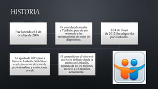 HISTORIA
Fue lanzado el 4 de
octubre de 2006
Es considerado similar
a YouTube, pero de uso
orientado a las
presentaciones de series de
diapositivas.
El 4 de mayo
de 2012 fue adquirida
por LinkedIn.
En agosto de 2015 paso a
llamarse LinkedIn SlideShare,
con la intención de tratar de
profesionalizar y evolucionar
la web.
El contenido en el sitio web
casi se ha doblado desde la
unión con LinkedIn,
pasando de los 10 millones
en 2013 a 18 millones
actualmente.
 