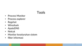 Tools
• Process Monitor
• Process explorer
• Regshot
• Wireshark
• ApateDNS
• Netcat
• Monitor keseluruhan sistem
• filter informasi
20
 