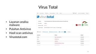 Virus Total
• Layanan analisa
malware
• Puluhan Antivirus
• Hasil scan antivirus
• Virustotal.com
22
 