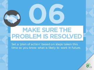 06
Set a ‘plan of action’ based on steps taken this
time so you know what is likely to work in future.
MAKE SURE THE
PROBLEM IS RESOLVED
 