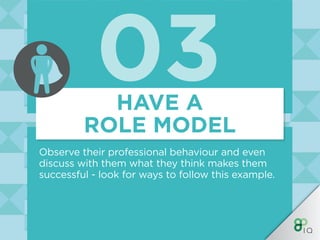 03
Observe their professional behaviour and even
discuss with them what they think makes them
successful - look for ways t...