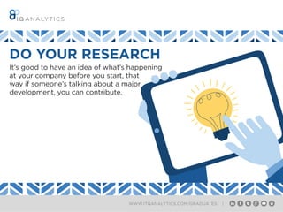 WWW.ITQANALYTICS.COM/GRADUATES |
DO YOUR RESEARCH
It’s good to have an idea of what’s happening
at your company before you start, that
way if someone’s talking about a major
development, you can contribute.
 
