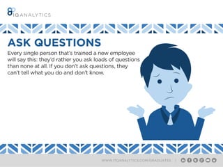 WWW.ITQANALYTICS.COM/GRADUATES |
ASK QUESTIONS
Every single person that’s trained a new employee
will say this: they’d rather you ask loads of questions
than none at all. If you don’t ask questions, they
can’t tell what you do and don’t know.
 