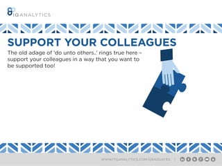 WWW.ITQANALYTICS.COM/GRADUATES |
SUPPORT YOUR COLLEAGUES
The old adage of ‘do unto others..’ rings true here –
support your colleagues in a way that you want to
be supported too!
 